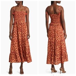 Lost + Wander Renoirs Terrace Print Ruched Maxi Dress Rust Large NEW